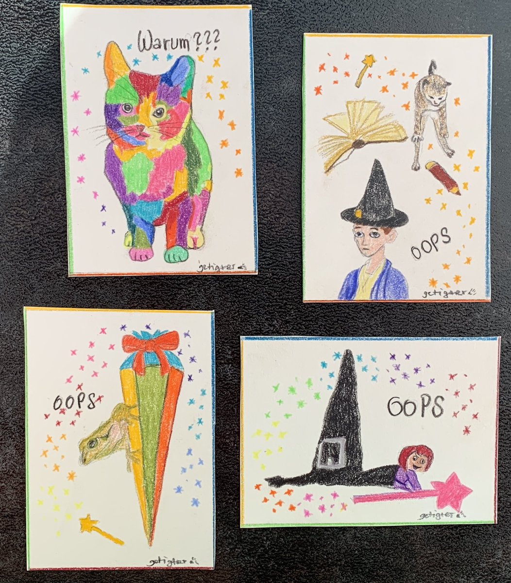 🧹Mein erster Schultag in der Zauberschule🎩
Es passieren die wildesten Sachen. Aller Anfang ist eben schwer. Der schwarze, jetzt bunte Kater findet das alles nicht so witzig. Aber Übung macht den Meister. 

✨SIMSALABIM 💫
#kleinerKunsttausch
<a href="/kunsttausch/">kleiner Kunsttausch</a>
#kleineKunstklasse