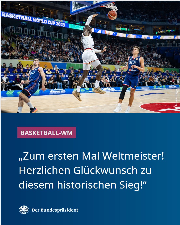 Bundespräsident #Steinmeier gratuliert der 🇩🇪 Basketballnationalmannschaft zum historischen Sieg bei der #BasketballWM: „Das war eine unglaubliche Leistung, wir alle sind unfassbar stolz auf Sie!“ @DBB_Basketball #KoerbeFuerD #DBBTEAM #GERSRB