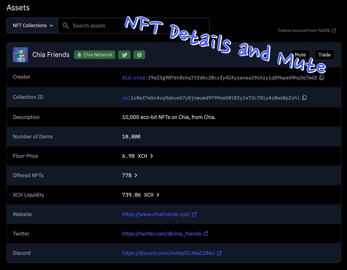 Our assets page now includes NFT collection details, plus the ability to mute certain NFT collections dexie-wide!

dexie.space/assets

Enjoy your customized dexie browsing experience! 🦆