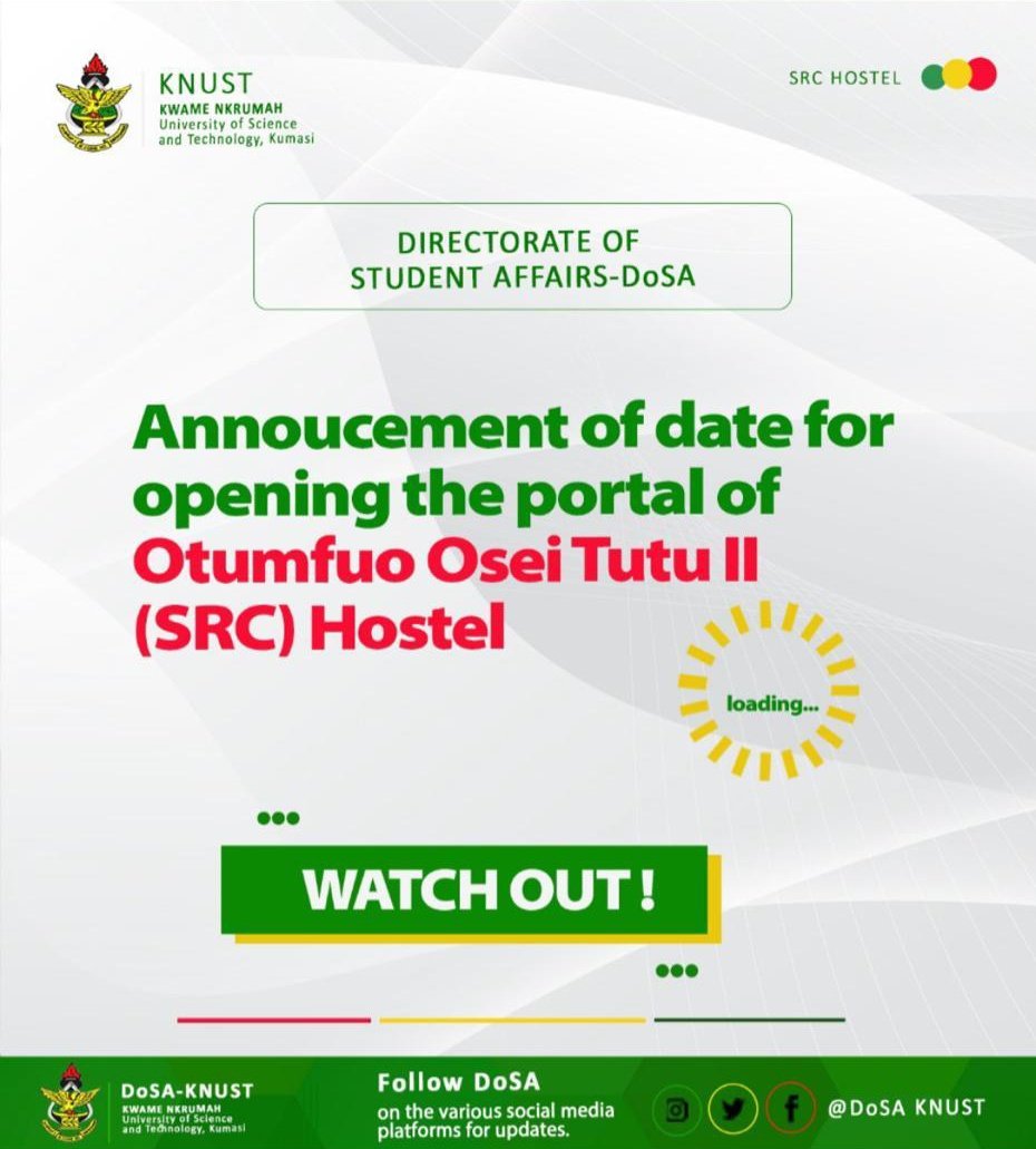 campus_arena's tweet photo. #KNUSTℹ️
The date for opening the portal of the Otumfuo Osei Tutu II(SRC) Hostel will be out soon.
Here is the link⬇️⬇️
https://t.co/wNxIJ6dNRQ
#CampusArena https://t.co/35uqJcphtE