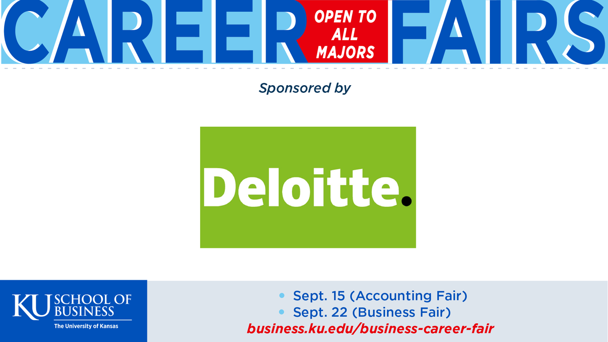 The  KU School of Business would like to give a BIG THANKS to our gold sponsor, Deloitte! As you plan and prepare for the upcoming 2023 career fairs, plan on visiting their booth! Be proactive and check out their opportunities @https://bit.ly/483yuJb #Deloittecareers