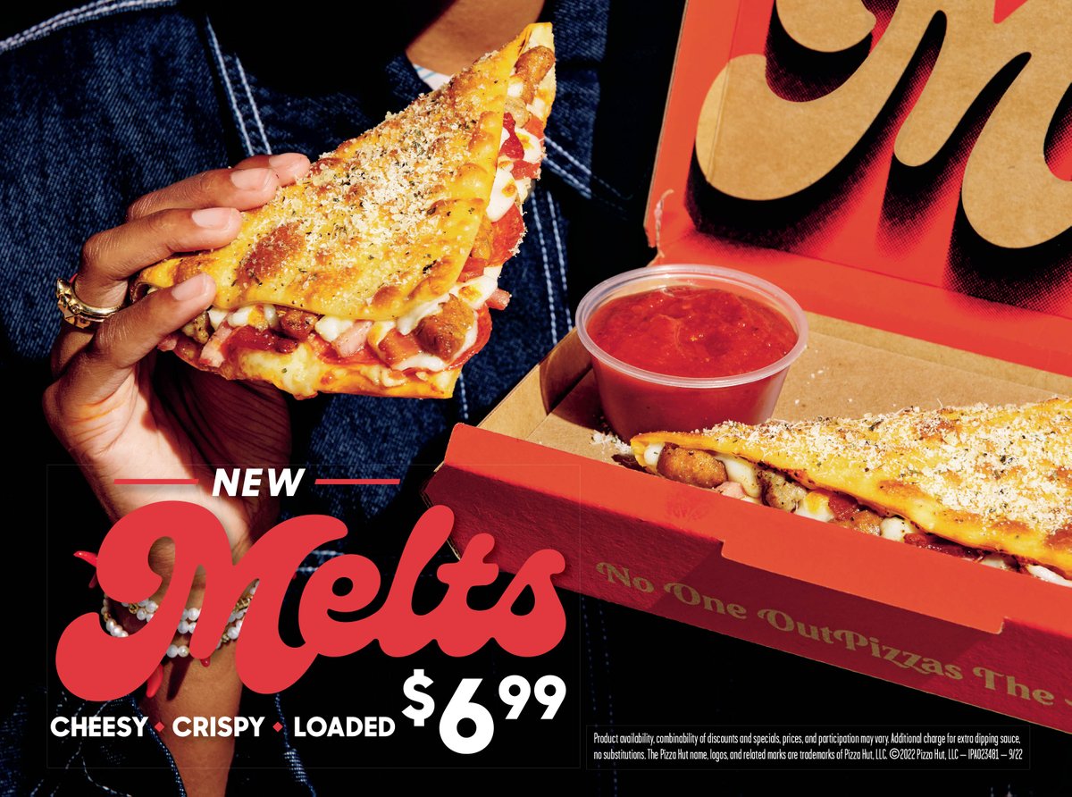 Need a quick bite? Pick up a Pizza Hut Melt! Crispy, cheese and jam-packed full of toppings. Available in five styles. Order now at PizzaHut.com

#PizzaHut #Pizza #PizzaHutMelts