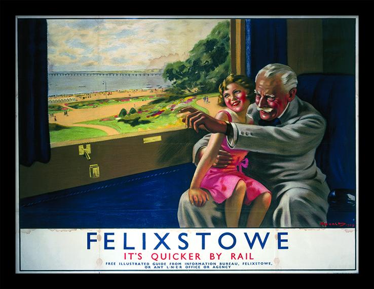 FelixstoweMus's tweet photo. Historical fact: Looking at railway posters of the 20s &amp; 30s this week. Todays was printed in 1934, for London &amp; North Eastern Railway. Artist was Arthur Michael. Strap line "Felixstowe is quicker by rail" @FelixstoweMus @RainbowJules #railways  #LNER #advertisingposters #1930s https://t.co/q9ALv4MWwe