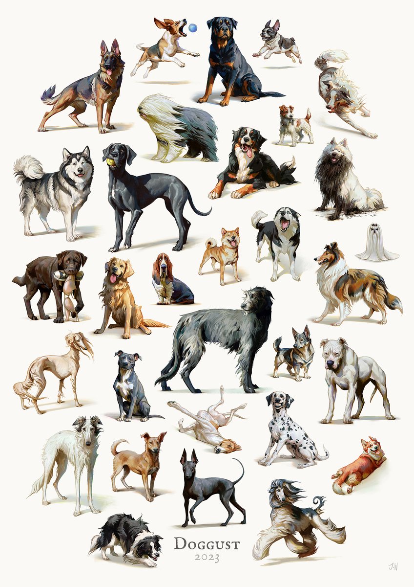 Znoddenn's tweet photo. Aaaand here's a compilation of all the dogs I painted for #doggust 😀 It's up on my Inprnt store now (https://t.co/GOiOU7SbPC) together with another version that has breed names next to the doggos.
(Surprisingly difficult to put them all together like this) https://t.co/FO8ieKoGq1