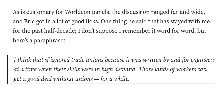 doctorow's tweet photo. Why #labor #unions are so rare in #sciencefiction
https://t.co/JZ4AKoGopd
#EricFlint #Labor #WorldCon #FalseConsciousness https://t.co/aFBCPfptM0