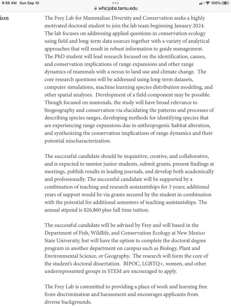 Jennifer K. Frey (@jenniferkfrey) on Twitter photo Frey lab is seeking a PhD student to investigate biogeography of mammal range expansions and their conservation implications.  Come join our growing and dynamic department at New Mexico State University. Please share!
wfscjobs.tamu.edu/jobs/phd-assis… Frey lab is seeking a PhD student to investigate biogeography of mammal range expansions and their conservation implications.  Come join our growing and dynamic department at New Mexico State University. Please share!
wfscjobs.tamu.edu/jobs/phd-assis…