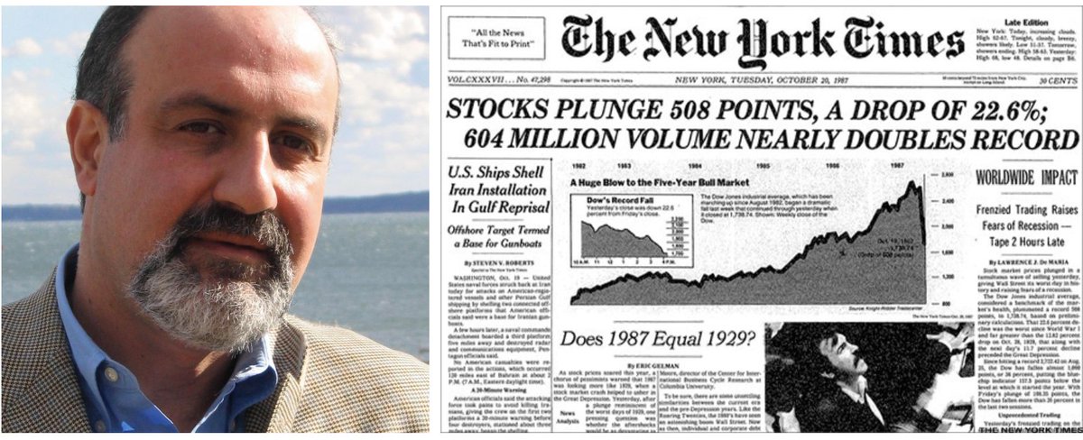 meduplam's tweet image. 19 באוקטובר 1987.
יום שני השחור.
שוק המניות קרס ביותר מ-20% ביום אחד.

נאסים טאלב ישב דרוך בקצה הכסא שלו ברצפת חדר המסחר של בנק ההשקעות פירסט בוסטון.
סביבו הייתה מהומה.
אבל לטאלב דווקא הלך בסדר באותו יום.

והוא לא ידע שזה יהיה היום שיבנה את הקריירה שלו.

1/