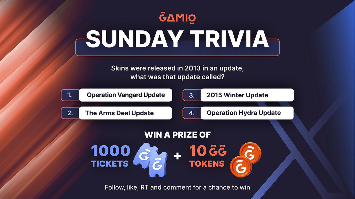 GGgamio's tweet photo. Hello Gamers,

#CSGO fans - this one is for you! 

Join us in another #SundayTrivia and get your hands on 1000 tickets + 10GG tokens. 🤑 

Good luck. 🫡 https://t.co/1U2HgaHzkv