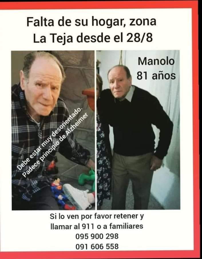 AliciaB11037130's tweet photo. Amigos, disculpen mi insistencia pero la situación es desesperante, el sr NO APARECE, NADIE SABE DÓNDE ESTÁ , LA POLICÍA NO LO HA BUSCADO LO SUFICIENTE, pertenece a l 19a de Montevideo.
Damos RT RT? https://t.co/9o5dnVwIOJ