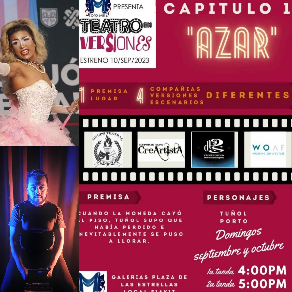 Hoy te esperamos en #TeatroEnVersiones en #ForoMitz
Una nueva forma de disfrutar el teatro breve.
#Azar ven a conocer esta única historia.
4pm y 5pm.