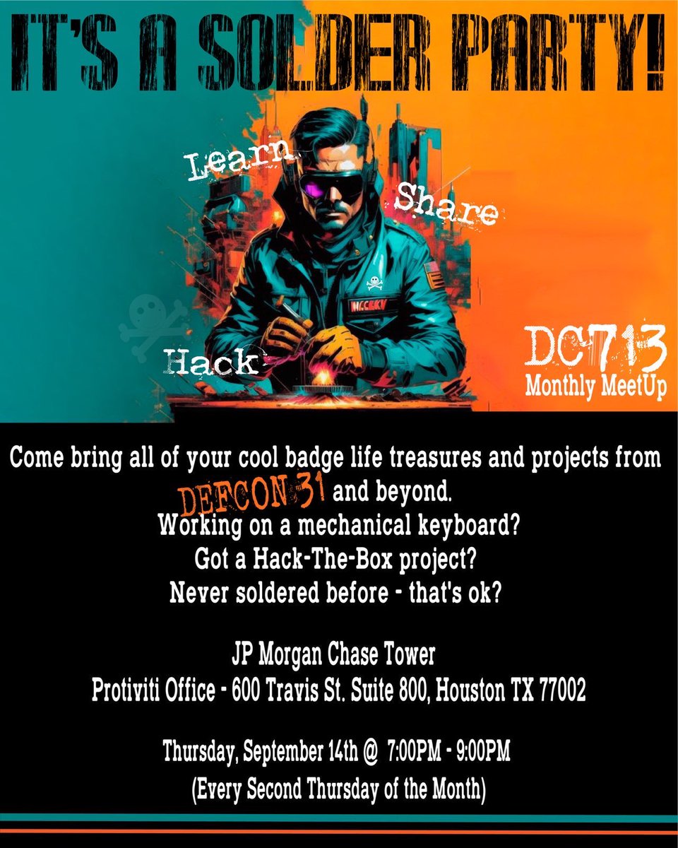 g0rd0 (@firesparkcons) on Twitter photo Calling all Houston area hackers! @dc713hou has our monthly meetup this coming Thursday, 9/14. Come bring your new treasures from <a href="/defcon/">DEF CON</a> to share and build. <a href="/dc281houston/">DC281</a> <a href="/HoustonHackers/">Houston Hackers</a> <a href="/HouSecCon/">HOU.SEC.CON Security Conference</a> <a href="/HouLockSport/">Houston LockSport</a> <a href="/defcongroups/">DEF CON Groups</a> <a href="/jaysonstreet/">Jayson E. Street 💙 🤗💛</a> Calling all Houston area hackers! @dc713hou has our monthly meetup this coming Thursday, 9/14. Come bring your new treasures from <a href="/defcon/">DEF CON</a> to share and build. <a href="/dc281houston/">DC281</a> <a href="/HoustonHackers/">Houston Hackers</a> <a href="/HouSecCon/">HOU.SEC.CON Security Conference</a> <a href="/HouLockSport/">Houston LockSport</a> <a href="/defcongroups/">DEF CON Groups</a> <a href="/jaysonstreet/">Jayson E. Street 💙 🤗💛</a>