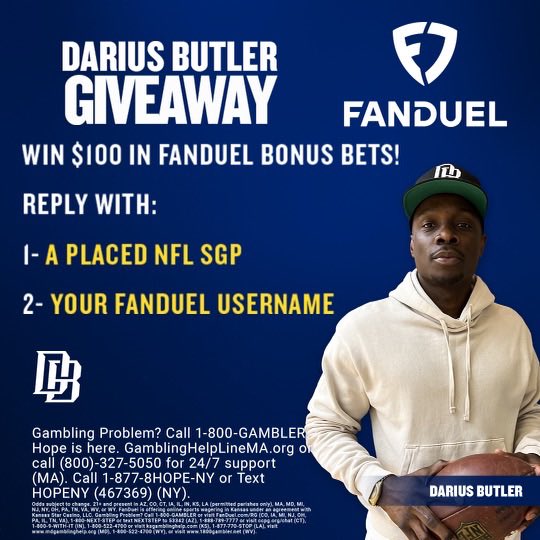 DariusJButler's tweet image. 🚨FanDuel x Darius Butler NFL SUNDAY KICKOFF GIVEAWAY!!🚨  @FDSportsbook is giving away $100 in Bonus Bets to 10 users! 🔥  For a chance to win, REPLY TWEET this with a screenshot of your placed Parlay bet &amp;amp; your FanDuel username. Winners will be chosen from Quoted Tweets.
