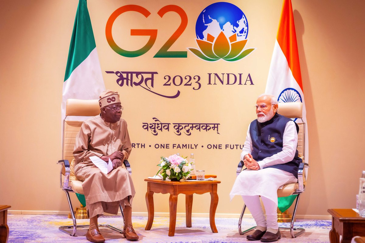 officialABAT's tweet photo. I had the pleasure of engaging in a productive meeting with Prime Minister Narendra Modi @narendramodi at the #G20summit today. 

We discussed promising avenues for solidifying the already strong bonds that exist between Nigeria, and India as well as enhancing trade relations and cultural exchanges between both countries.

Looking forward to a prosperous partnership. 

#G20india
#NigeriaAtG20 
@NGRPresident