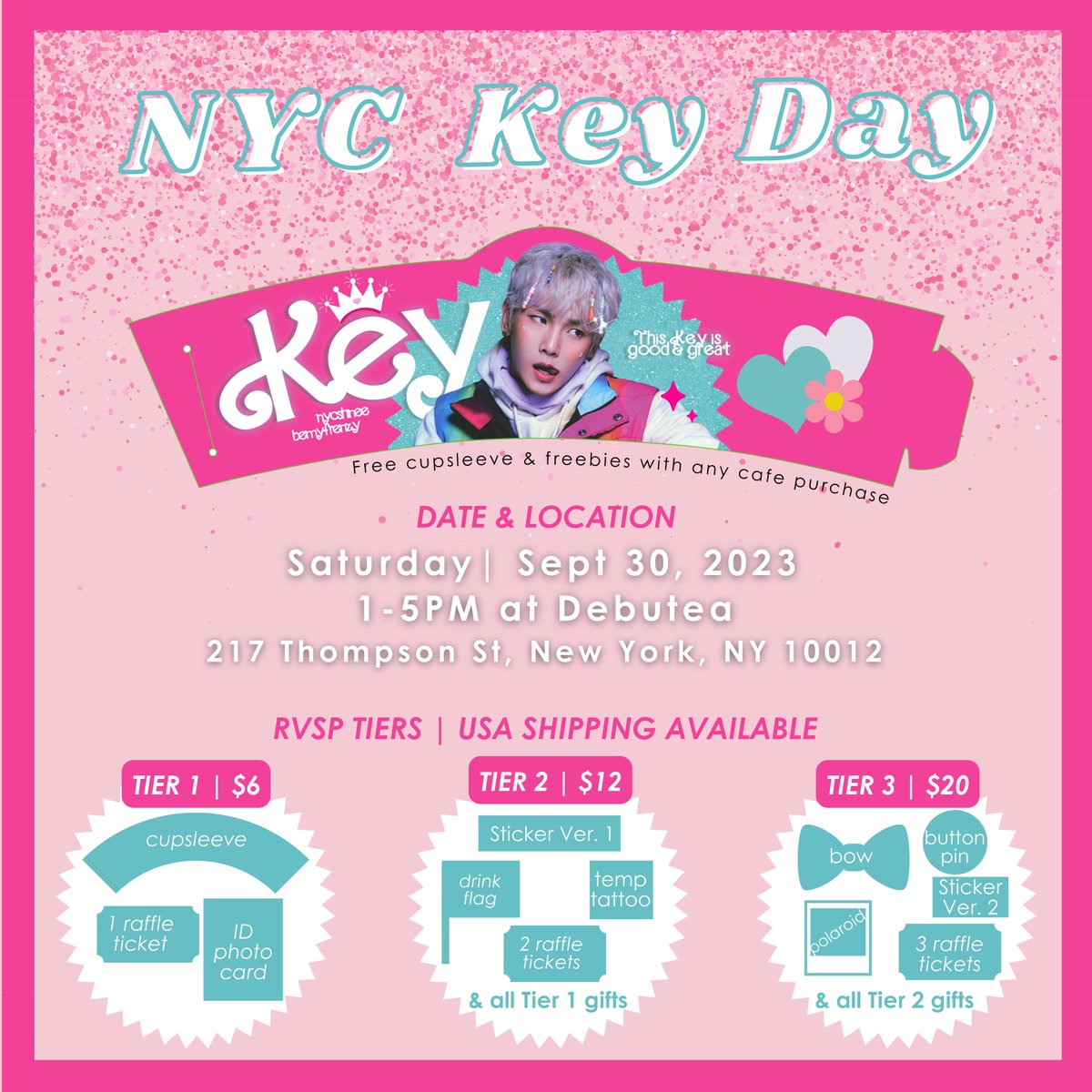 #KeyBarbie New York Cupsleeve Event with <a href="/nycshinee/">NYC SHINee 💎</a> 

📅Sept 30 (Sat), 1-5PM 
📍Debutea (217 Thompson St.) 
🧋 Freebies with any cafe order
💌Pre-Order Gifts (US Shipping Avail): tinyurl.com/KeyBarbie

✨Retweet &amp; follow us and <a href="/nycshinee/">NYC SHINee 💎</a> to win a Tier 3 set #HappyKeyDay✨