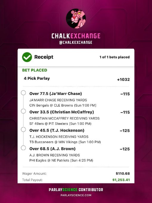 ChalkExchange's tweet photo. 🏈 Happy NFL Sunday Kickoff !

Running $500 giveaway in the discord for this 👀

I will do $200 Twitter/X giveaway. ❤️ to enter. RT to enter twice. 

All bet types covered @ParlayScience. Straights, RR, Parlays, Lottos, Props, ML, Spreads, Alt, Specials. A market for everyone. https://t.co/0GsdkSThP6