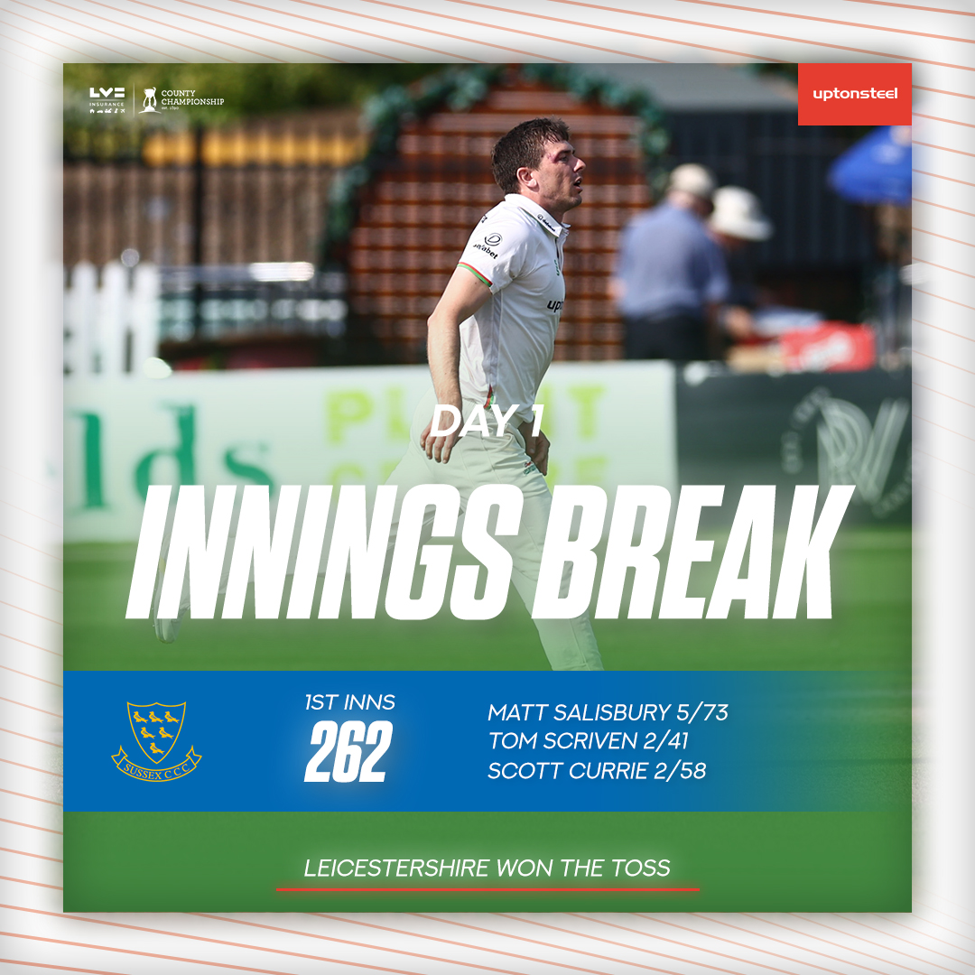 leicsccc's tweet photo. 𝐀𝐋𝐋 𝐎𝐔𝐓 ❌

Matt Salisbury takes his maiden 𝗳𝗶𝘃𝗲-𝘄𝗶𝗰𝗸𝗲𝘁 𝗵𝗮𝘂𝗹 in a Leicestershire shirt, ending with superb figures of 5/73. 👏

Scriven and Currie take two apiece. ✌️

🦊#SUSvLEI https://t.co/y1dvDKJQj9