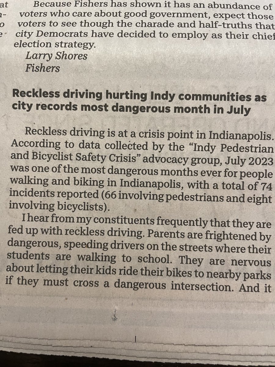 votebarth's tweet photo. Thanks to the @indystar for publishing my letter to the editor in today's print edition focused on reckless driving and what we can do about it. Full text version: https://t.co/tTB74LA0dv https://t.co/Fz2tnXxWET