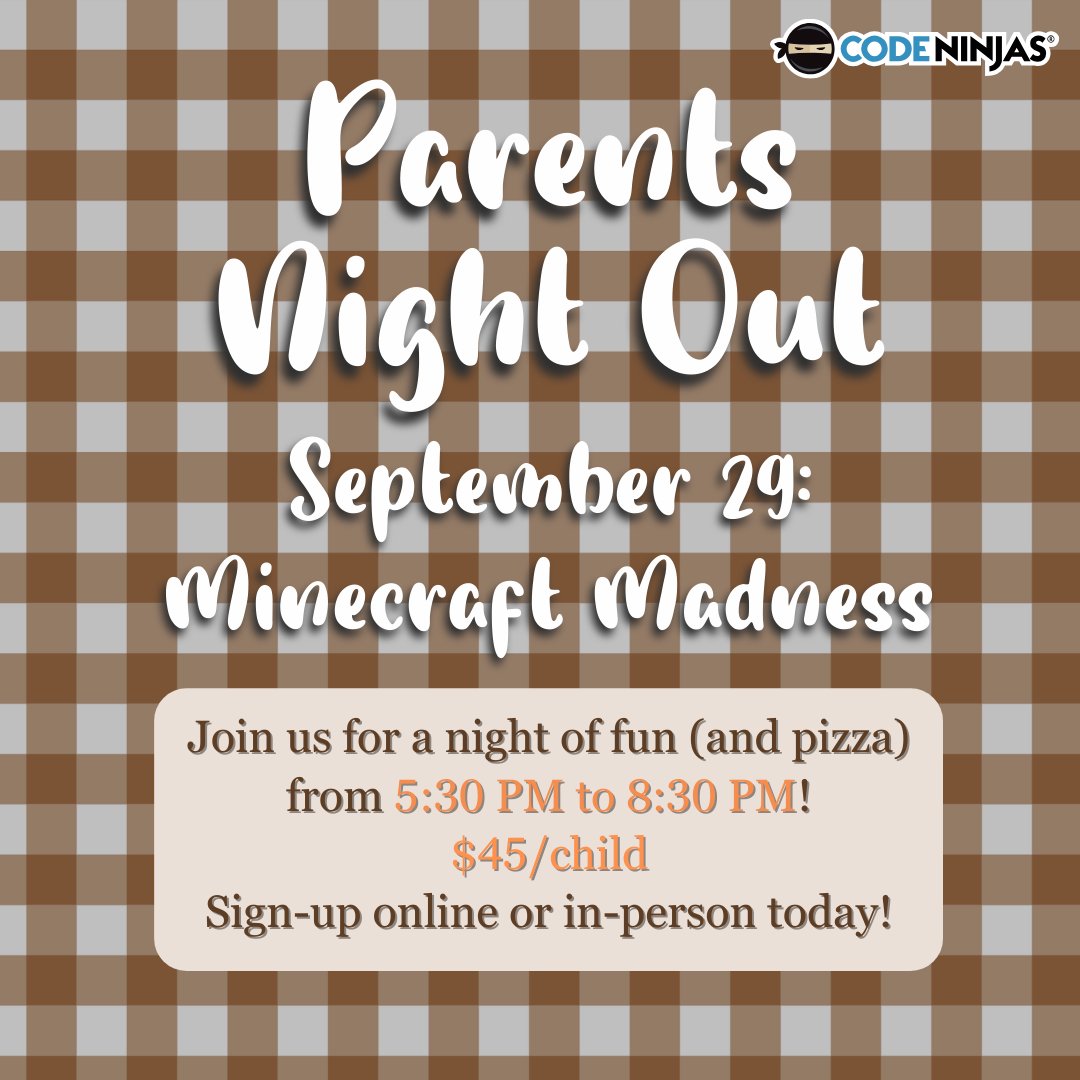 CodeNinjasALX's tweet image. Our September Parents' Night Out is open for registration! Register your ninja for a fun STEM-filled night out!
#codeninjas #stemforkids #parentsnightout #kidsnightout #minecraft #kidswhocode #hiyah