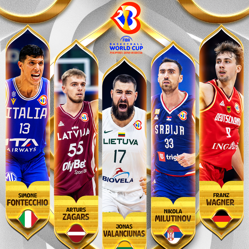 FIBAWC's tweet photo. 🌟 All-Second Team of FIBA World Cup 2023!

🇮🇹 Simone Fontecchio
🇱🇻 Arturs Zagars
🇱🇹 Jonas Valanciunas
🇷🇸 Nikola Milutinov
🇩🇪 Franz Wagner

#FIBAWC