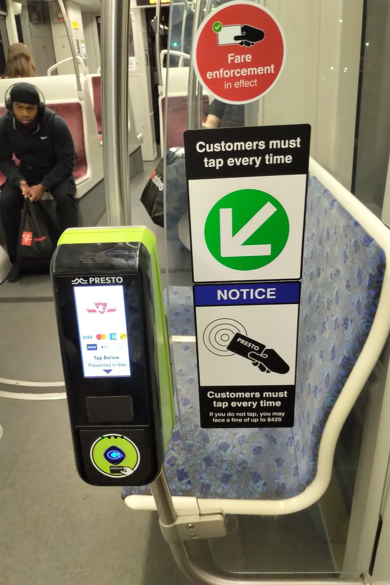 I took the College #streetcar to the University #subway line last night and sat across from one of the 4 entrances. Of the 27 commuters who entered, only 6 tapped their #PRESTO payment card. So much for the honour system and fare enforcement on #Toronto's #transit by the #TTC .