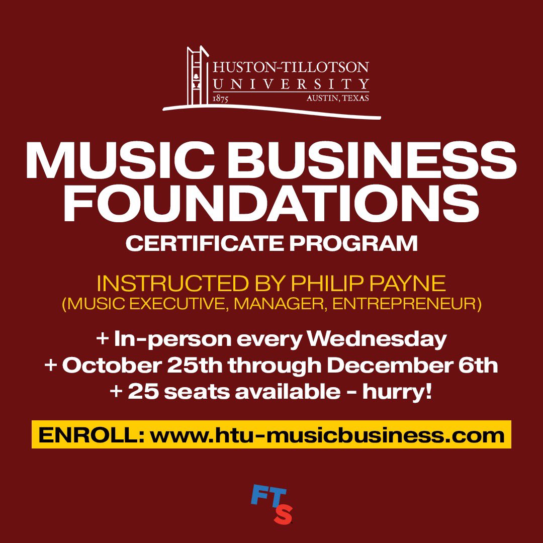 OgdenPayne's tweet photo. Been a while since I've been active but FTS (our company) has spent the past year crafting a music industry curriculum for universities. 

Thrilled to announce that @HustonTillotson will offer our Music Business Foundations certificate this fall. 

More at https://t.co/xhL8eoRTn2 https://t.co/jbCtuTvn5u
