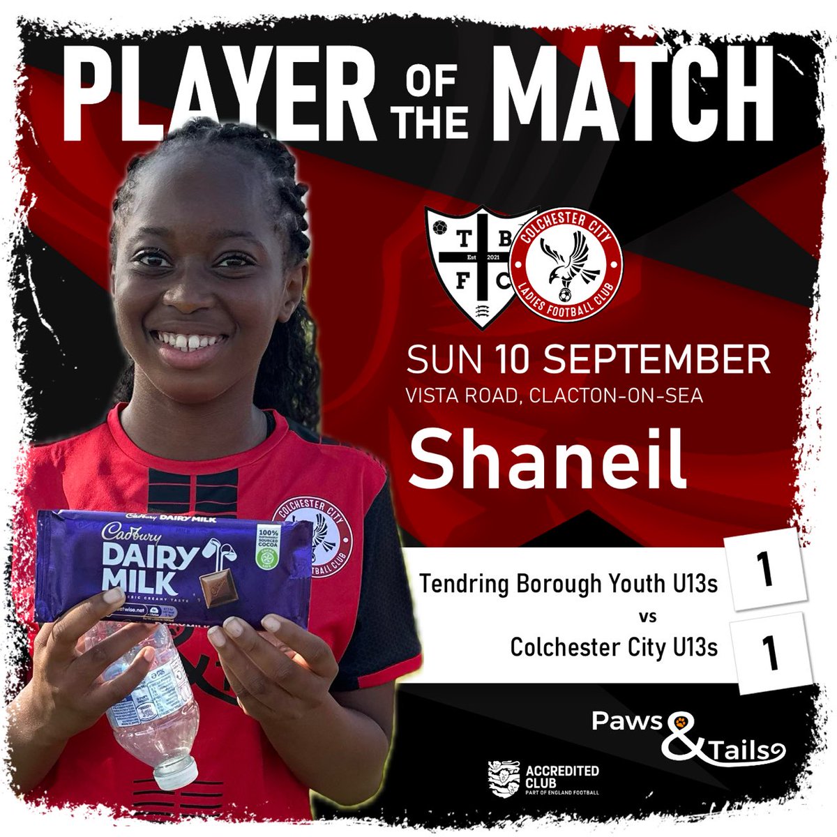Our U13s started the 23/24 campaign away against Tendring Borough. On a hot day, we came away with a 1-1 draw after Mia scored a great long range free kick. This weeks U13s Player of the Match though was awarded to Shaneil for a great performance.

#eagles #colcitylfc 🖤❤️🦅⚽️