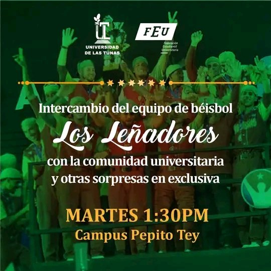 No pierdas la oportunidad de intercambiar con los recientes campeones del baseball cubano 🤩.
Este martes 12 de septiembre a la 1:30 PM en el teatro del campus Pepito Tey dela universidad de Las Tunas.
#UnaMejorJuventud #Cuba #CreaTuFelicidad