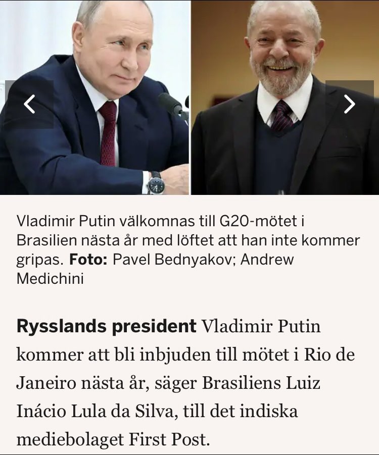 En glad och hoppfull @magdandersson gratulerade kamrat Lula da Silva när han vann presidentvalet i fjol. Nu meddelar kamrat Silva att krigsförbrytaren Putin kommer att bjudas in till G20-mötet i Brasilien nästa år med löftet att han inte kommer att gripas.