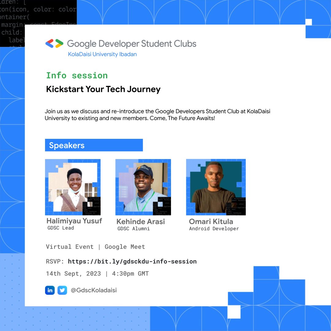 GdscKoladaisi's tweet image. Discover the path to a rewarding tech career with GDSC! Join us for an engaging session where we&apos;ll introduce you to Google Developer Student Clubs (GDSC). Come, The Future Awaits.
gdsc.community.dev/j/7tu64puxmcne…

#Google #gdsckoladaisi #googledevelopersstudentclub