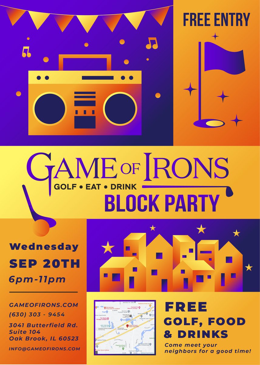 Visit Game of Irons on September 20 for a BLOCK PARTY! Free golf, food and drinks from 6-11pm!