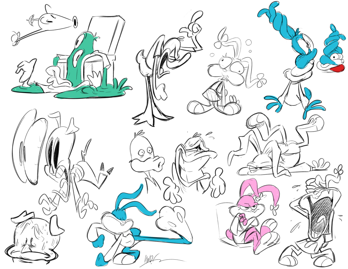 Some quick examples I made for board artists while at Tiny Toons, I wanted to give them some tips on how to ease into the process of drafting loose and having fun with poses.