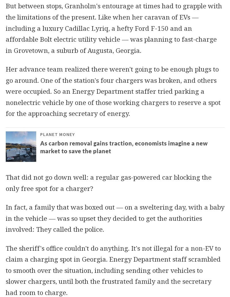 Energy Secretary Granholm recently took 4-day EV caravan trip across the southeast to 'draw attention to the billions of dollars the White House is pouring into green energy and clean cars.' What happened next is like a scene out of VEEP: