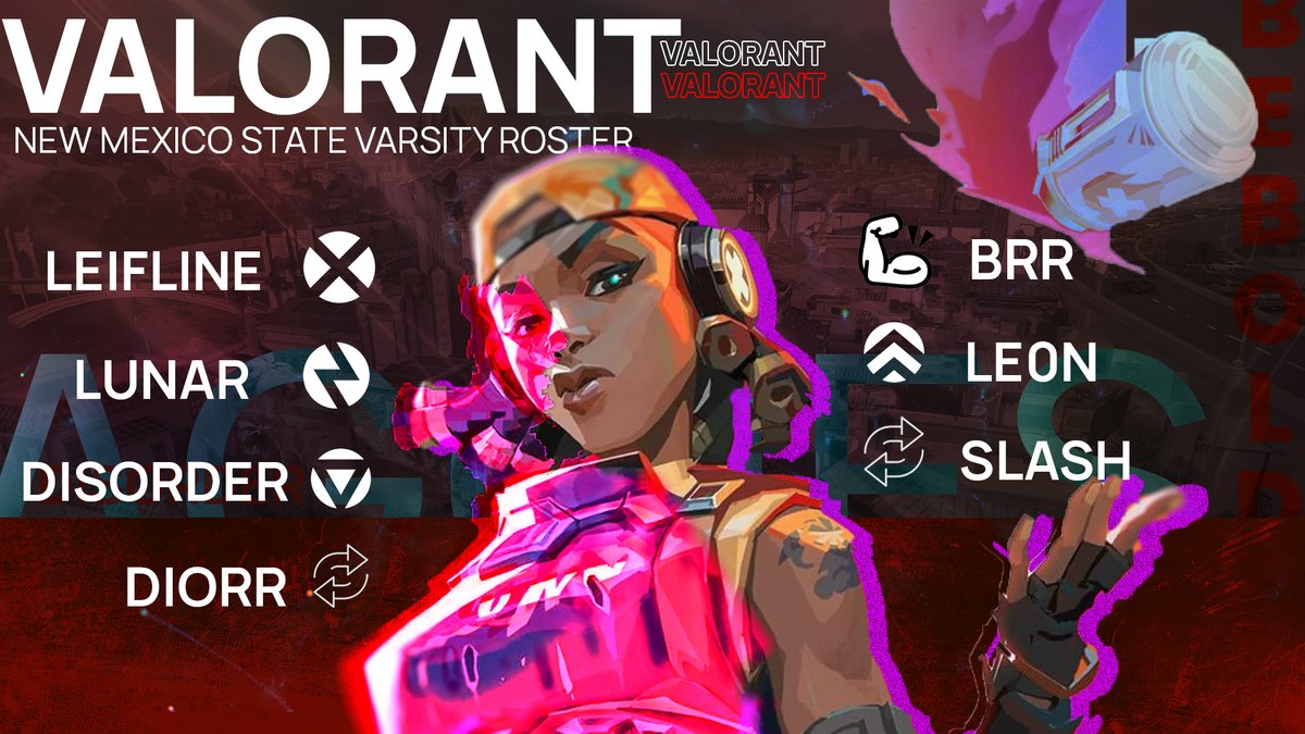 🚨ROSTER DEBUT 🚨

Please welcome our NMSU Crimson VALORANT Team! #GoAggies

<a href="/ItsLeifline/">Leifline</a> 
<a href="/Aluna117/">Adrian 🌙</a> 
<a href="/HighDisorder/">Alex Hernandez</a> 
<a href="/DiorrVal/">Diorr</a>
<a href="/teoo_torres/">teo</a> 
<a href="/LE0NHOME1500/">Aidan Leon</a> (S)
 <a href="/pratyay211/">Pratyay Kumar</a> (S)

Catch #NMSUVAL's first game vs. UNM on stream at 6:30 PM! twitch.tv/nmstateesports
