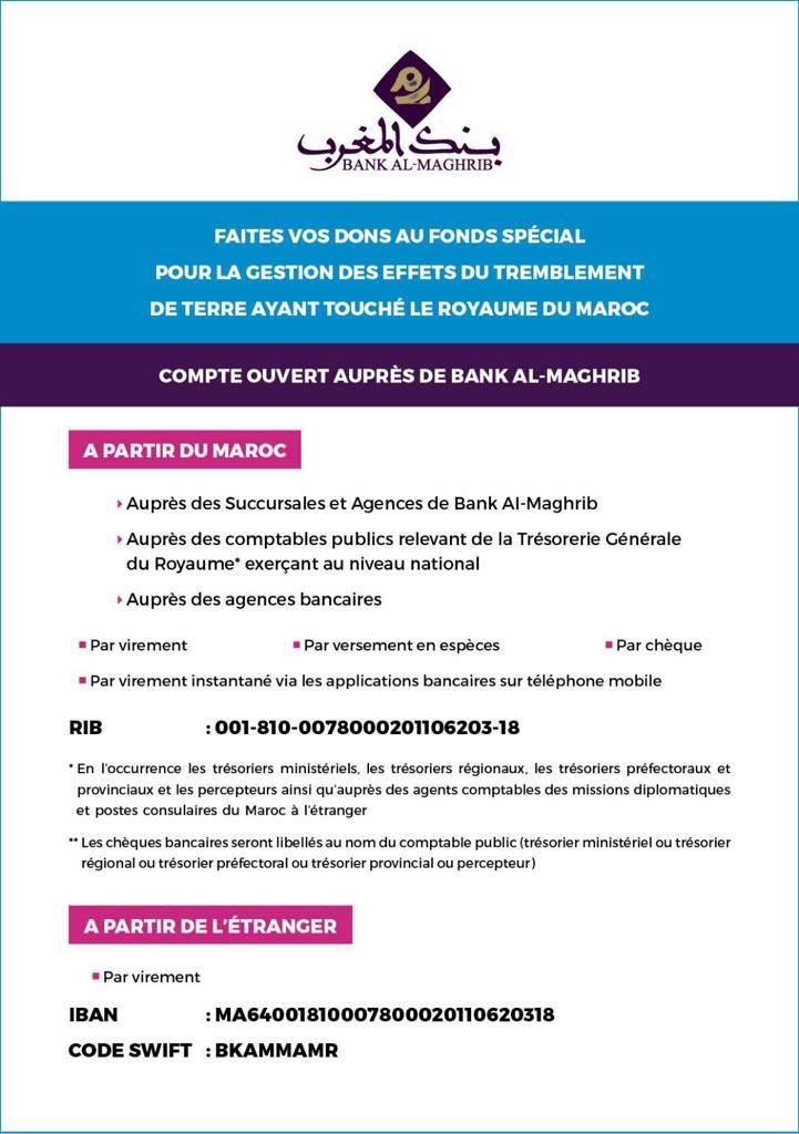🇲🇦#FLASH| La Banque Centrale du Maroc (Bank Al Maghrib) lance officiellement un compte spécial dédié aux donations privées et publiques dans le cadre de la solidarité envers les victimes du séisme d’Al Haouz.

Ces dons serviront à la reconstruction des zones touchées par le