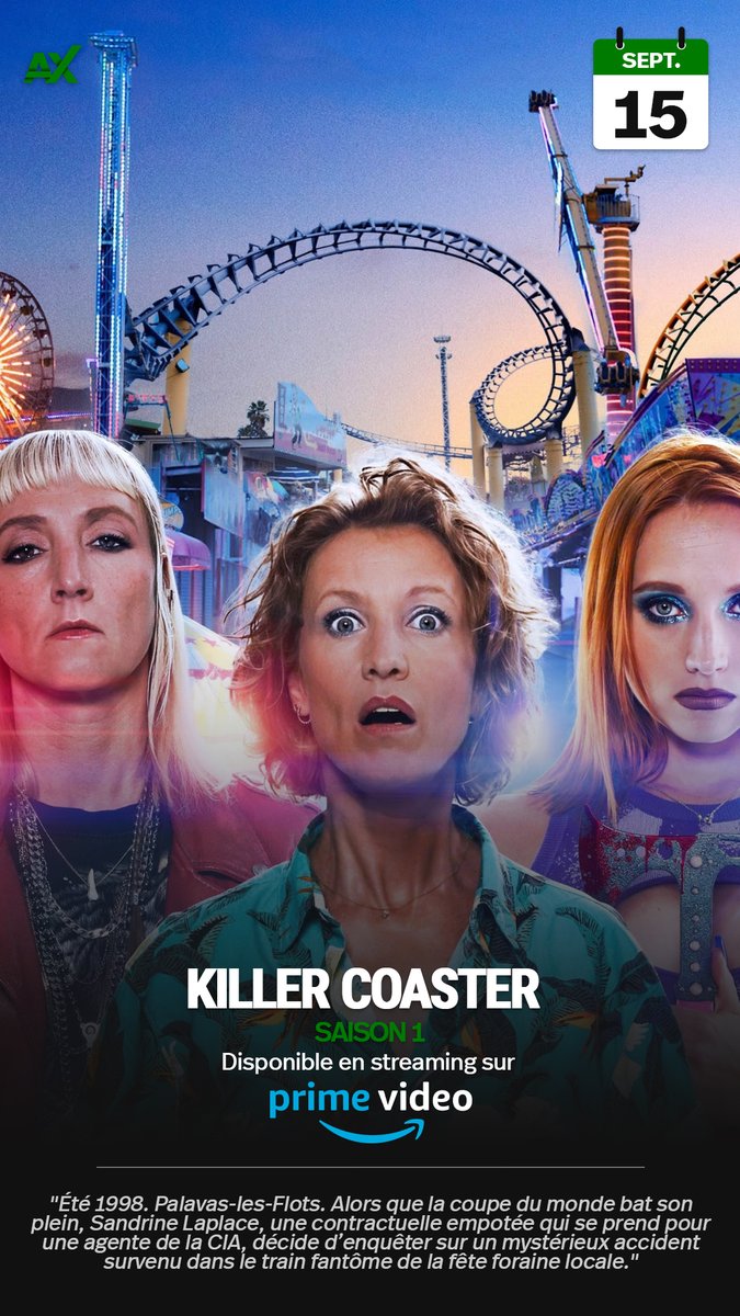 alxserix's tweet image. La saison 1 de #KillerCoaster est dès maintenant disponible en streaming sur @PrimeVideoFR.

Été 1998. Palavas-les-Flots. Sandrine Laplace, se prend pour une agente de la CIA et décide d’enquêter sur un mystérieux accident survenu dans le train fantôme de la fête foraine locale.