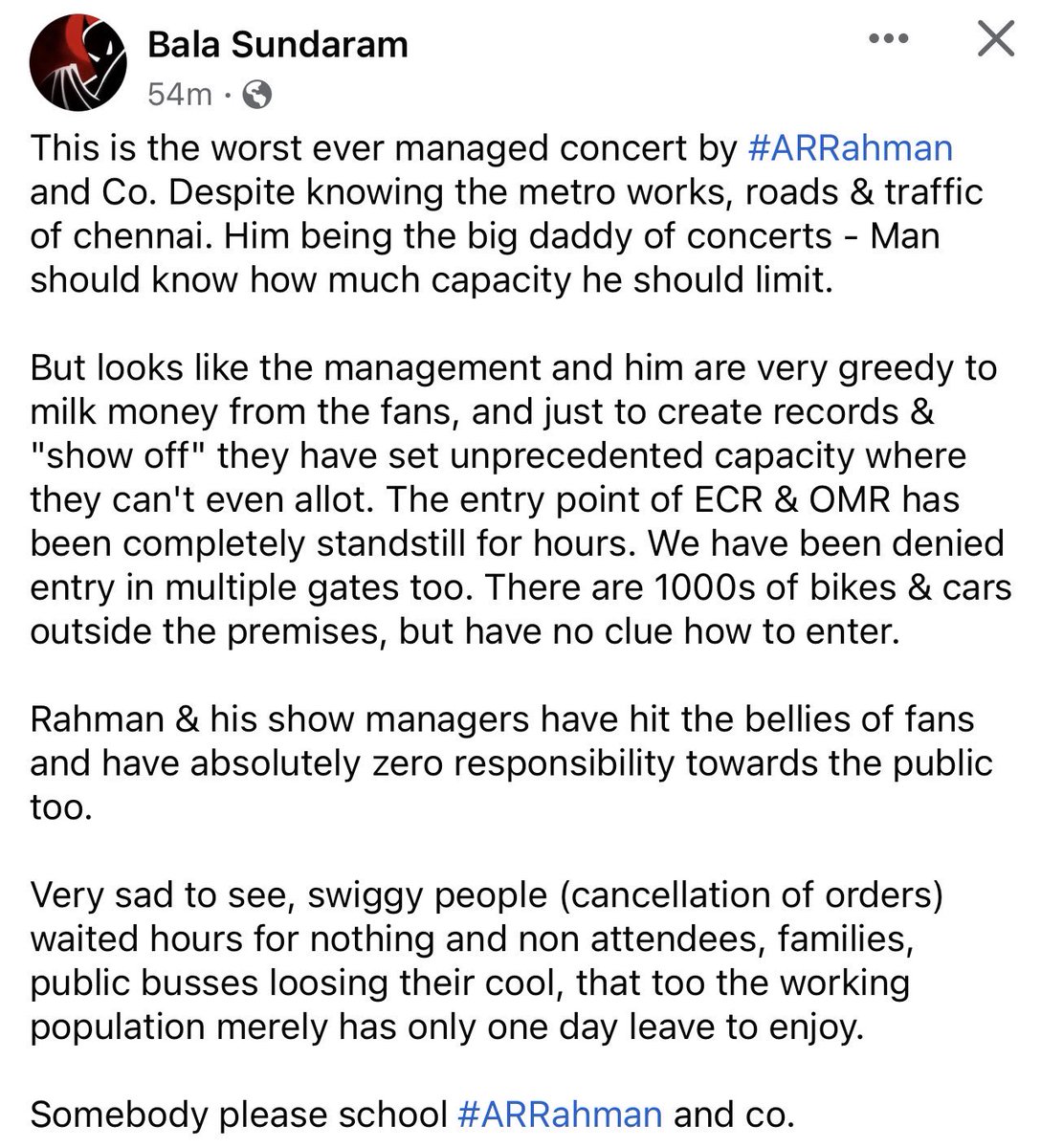 brucebanner3092's tweet photo. Hearing lot of complaints regarding AR Rahman concert. People couldnt enter the venue and returning home. Pathetic Management 🤦‍♂️

#Arrahman #marakumanenjam #ARR #ARRahmanConcert https://t.co/sC0H7yHOzN