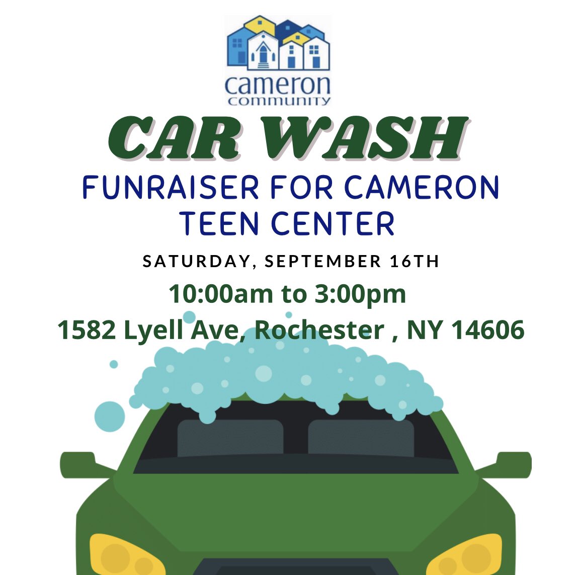 10AM - 3PM Saturday, September 16th Join Us for Cameron Community Car Wash. A fundraiser for the Cameron Teen Center.