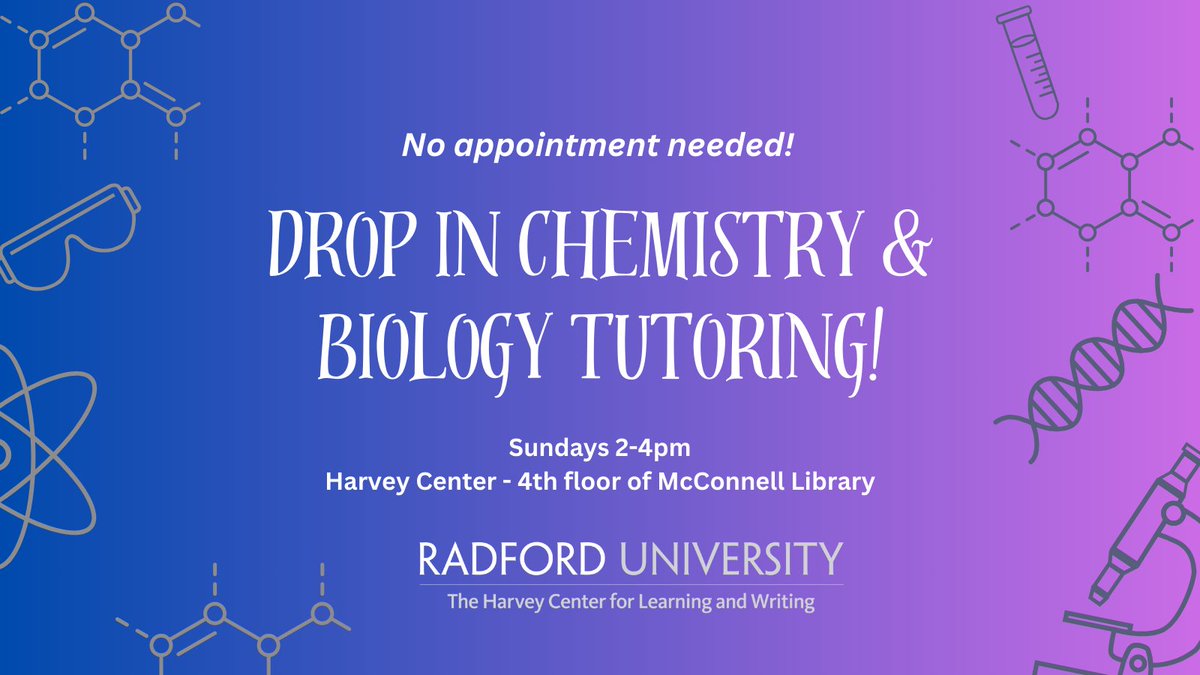 CenterHarvey's tweet photo. Need help in chemistry or biology? Drop in today from 2-4 for help, no appointment is needed. https://t.co/WFSnCEjECX