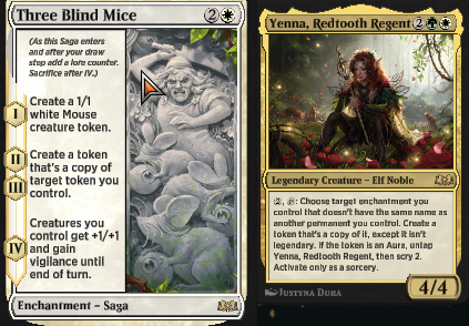 tygersrule's tweet photo. i made something like 25 Three Blind Mice sagas in draft #mtgwoe https://t.co/5230Rz5Yii