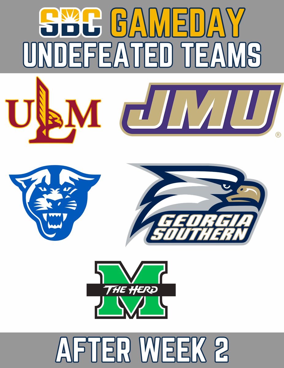 𝗨𝗻𝗱𝗲𝗳𝗲𝗮𝘁𝗲𝗱

GA State, GA Southern, JMU, Marshall, and ULM are the remaining undefeated teams in the SunBelt! #SBC #CFB