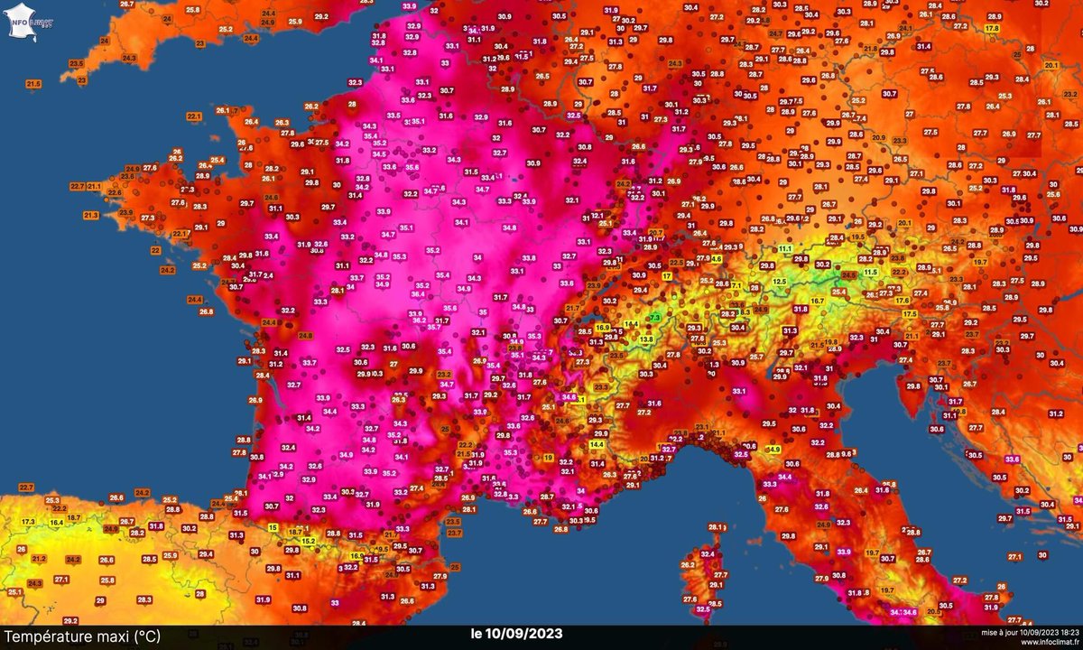 infoclimat's tweet image. Un record historique vieux de 125 ans vient de tomber à #Pontarlier #Doubs 
Les 32.8°C relevés cet après midi effacent le record mensuel du 10 sept 1898 avec 32.0°C.
60 records battus.
Challes les Eaux (73) et Savigneux (42) effacent elles un record mensuel datant de 1962.