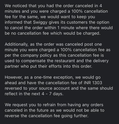 Aman IN VR ๐ฎ๐ณ (@amandhingrayt) on Twitter photo UPDATE: Ye dekho mail to aaisa likha hai <a href="/SwiggyCares/">Swiggy Cares</a> ne jaise Refund karke Ehesha lar diya koi
4 min me nahi 1 min me cancel karna tha. Or dhamki de rahi hai ki Agli baar aaisa hua to refund nahi milega
1 min ke ander order kaise cancel hota hai ye bhi bata dete. Open loot hai UPDATE: Ye dekho mail to aaisa likha hai <a href="/SwiggyCares/">Swiggy Cares</a> ne jaise Refund karke Ehesha lar diya koi
4 min me nahi 1 min me cancel karna tha. Or dhamki de rahi hai ki Agli baar aaisa hua to refund nahi milega
1 min ke ander order kaise cancel hota hai ye bhi bata dete. Open loot hai