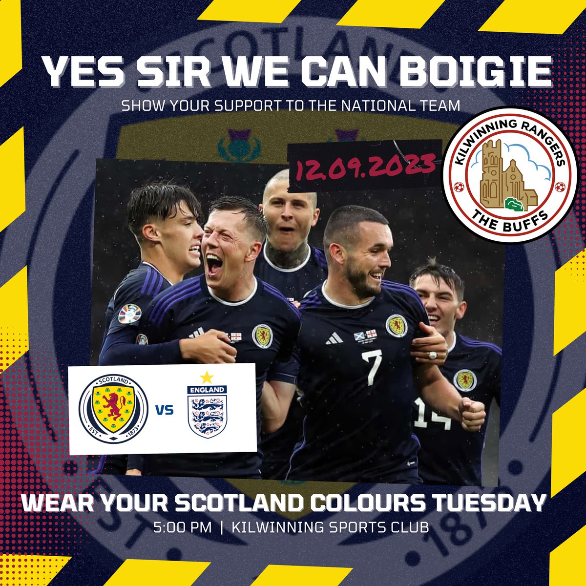 Buffs2013s's tweet photo. To wish our rampant lions well against the auld enemy. Tuesday’s training will be a wear your @ScotlandNT colours session. 

Let’s see your Braveheart faces down at the Sports Club at 5pm to celebrate the 150th Anniversary of the oldest international in history in style. 

🏴󠁧󠁢󠁳󠁣󠁴󠁿🏴󠁧󠁢󠁳󠁣󠁴󠁿🏴󠁧󠁢󠁳󠁣󠁴󠁿 https://t.co/B00CwQphtp