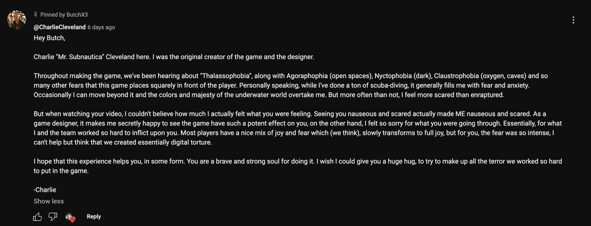 Is this a flex? Probably. Maybe. I don't care. But the original creator and designer of Subnautica, Charlie Cleveland (<a href="/Flayra/">Charlie Cleveland</a>), comment on part 1 of my Subnautica playthrough! 🥹

When you put so much time, love and effort into something and its recognised by industry greats, it