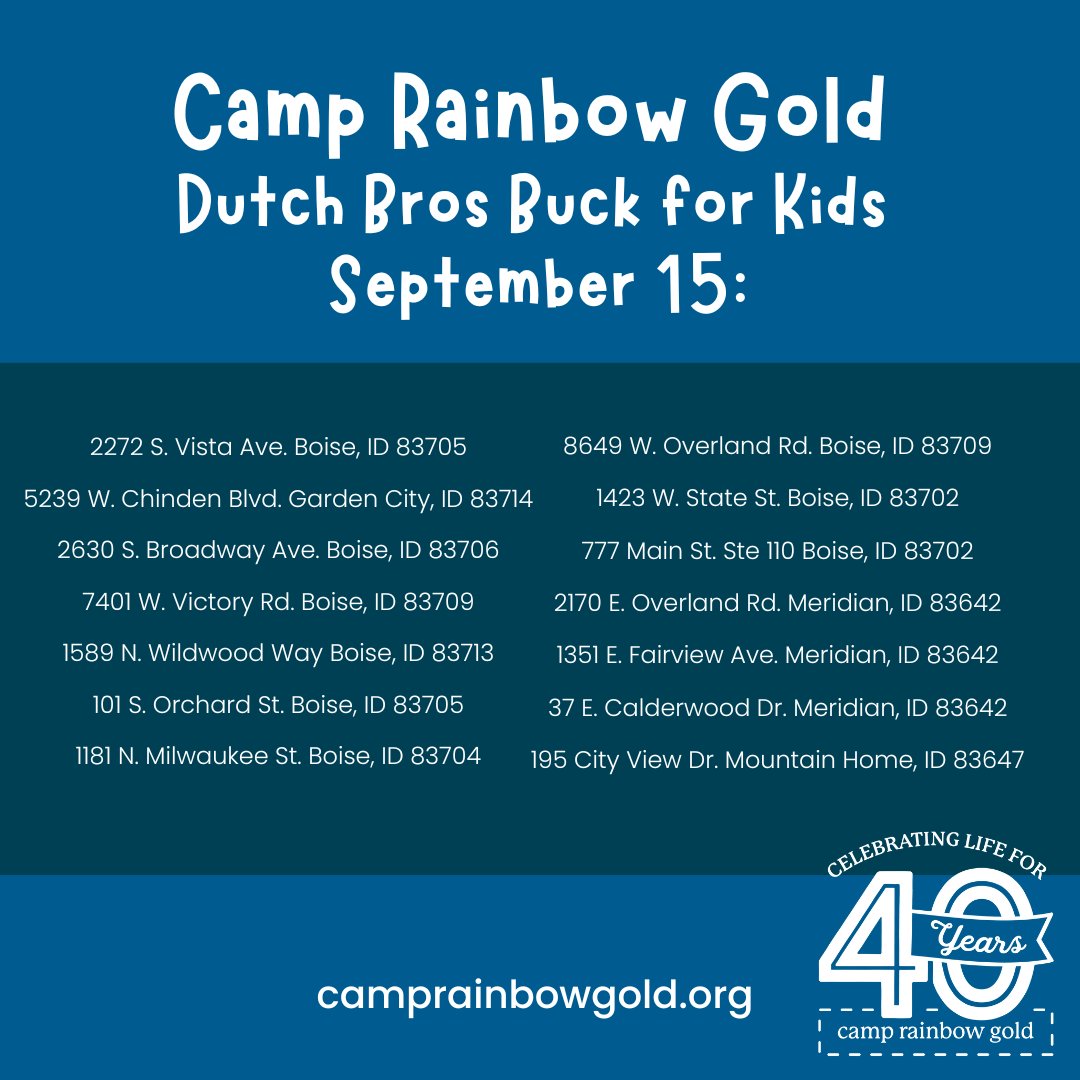 Plans for Friday, September 15? Swing by Treasure Valley and Mountain Home Dutch Bros locations for a drink, and $1 will be donated to #CRG kids! Check out the full list of participating locations below!
#forthekids #dutchbroscoffee #BuckForKids <a href="/DutchBros/">Dutch Bros Coffee</a>