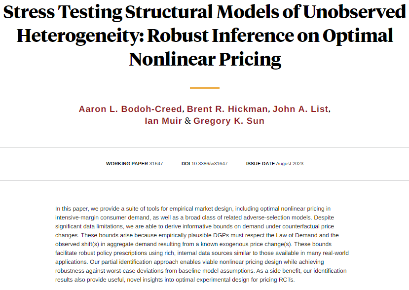 Robust empirical market design when prices vary but consumer substitution patterns are unknown, from Aaron L. Bodoh-Creed, Brent R. Hickman, <a href="/Econ_4_Everyone/">John A. List</a>, Ian Muir, and Gregory K. Sun nber.org/papers/w31647