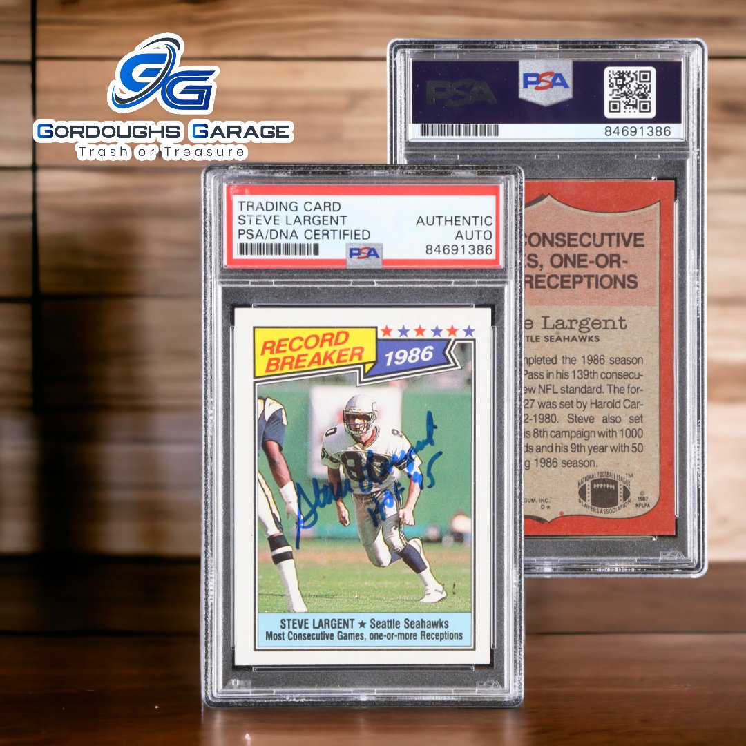 Calling all sports collectors! Check out the signed Steve Largent card up for sale at gordoughsgarage.com ! It's slabbed and PSA/DNA certified for authenticity - don't miss out on this piece of history 🏈 #sportscollectors #stevelargent #PSAcertified #gordoughsgarage