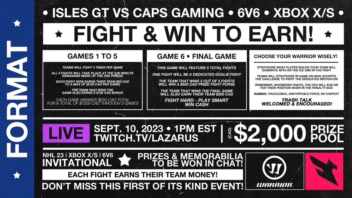 Fisher (@fisher81_) on Twitter photo I’m playing in the FIRST EVER #NHL23 6v6 <a href="/WarriorHockey/">Warrior Hockey</a> Fight Night Event, Powered by <a href="/Lazarus/">Lazarus</a> between <a href="/IslesGT/">Isles Gaming Team</a> & <a href="/capsgaming/">Caps Gaming</a>!
Join us live & type #FightNight in chat for a chance to win hockey gear or signed sticks from Mark Scheifele & Tyler Toffoli!
Twitch.tv/Lazarus I’m playing in the FIRST EVER #NHL23 6v6 <a href="/WarriorHockey/">Warrior Hockey</a> Fight Night Event, Powered by <a href="/Lazarus/">Lazarus</a> between <a href="/IslesGT/">Isles Gaming Team</a> & <a href="/capsgaming/">Caps Gaming</a>!
Join us live & type #FightNight in chat for a chance to win hockey gear or signed sticks from Mark Scheifele & Tyler Toffoli!
Twitch.tv/Lazarus