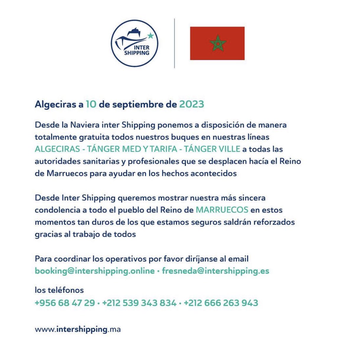 CryptoByMalik's tweet photo. La compañía naviera de #FERRYS @InterShippingEs entre España🇪🇸 y Marruecos🇲🇦 en el Estrecho de Gibraltar con conexiones entre Algeciras/Tarifa🇪🇸 y Tánger🇲🇦 ofrece travesía 100% GRATIS a las autoridades sanitarias, militares, para el terremoto sufrido en el Reino alauita - 🇪🇸🤝🏻🇲🇦. https://t.co/4l5HgmVDZ8