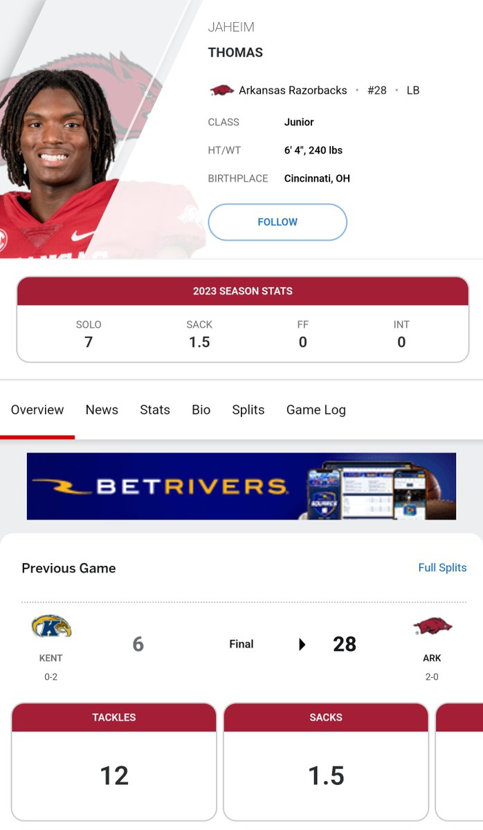 VolsPix's tweet image. Arkansas Razorback LB, Jaheim Thomas is the highest rated Linebacker in the SEC, per PFF..

Huge game yesterday.. 2 sacks, 2 hurries..

#AllSEC  @JaheimThomas454 

#Razorbacks 🐗